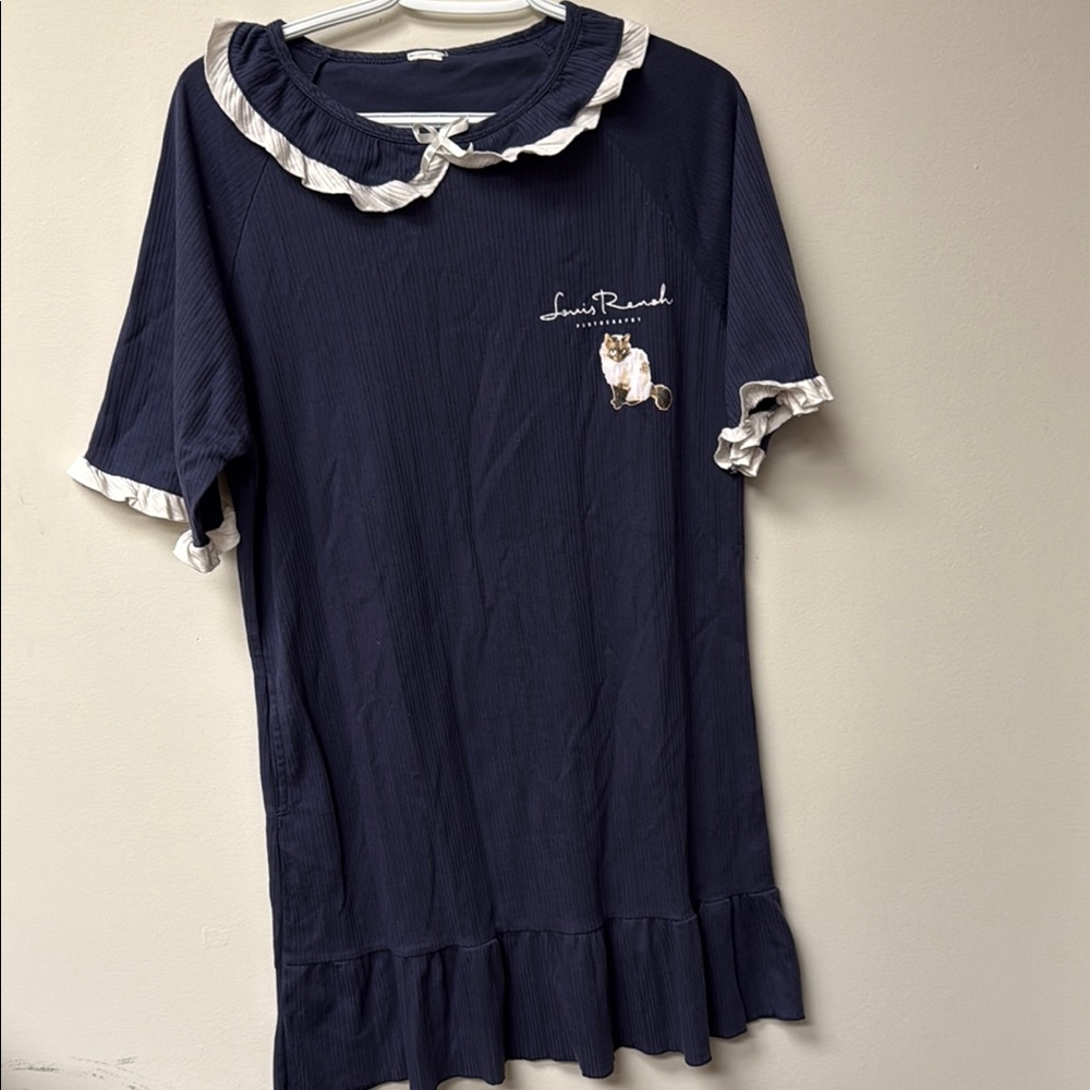 Navy Ruffle Trim Dress with Embroidery